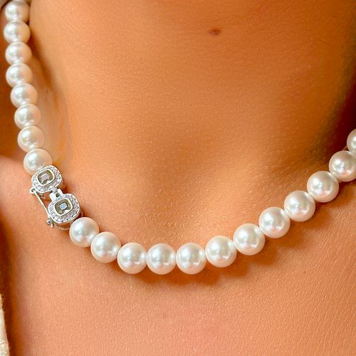Colar Quadrados Brilhantes de Pérolas Shell, Cristal Berilo e Zircônias Brancas 42cm - Prata 925
