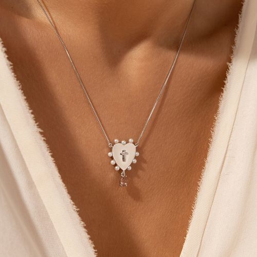 Colar Escapulário Coração e Mini Cruz com Pérolas Cristal Rodolita Cristal Peridoto e Zircônias Brancas 66cm - Prata 925