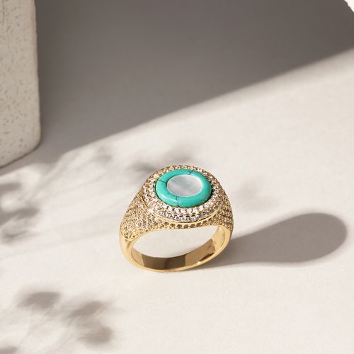 Anel Oval de Madrepérola, Raolita Turquesa e Zircônias Brancas - Banho de Ouro 18k