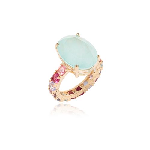 Anel Oval de Fusion Turmalina Light Aro Cravejado com Cristal Turmalina Rosa, Cristal Tanzanita e Cristal Topázio Azul - Banho de Ouro 18k