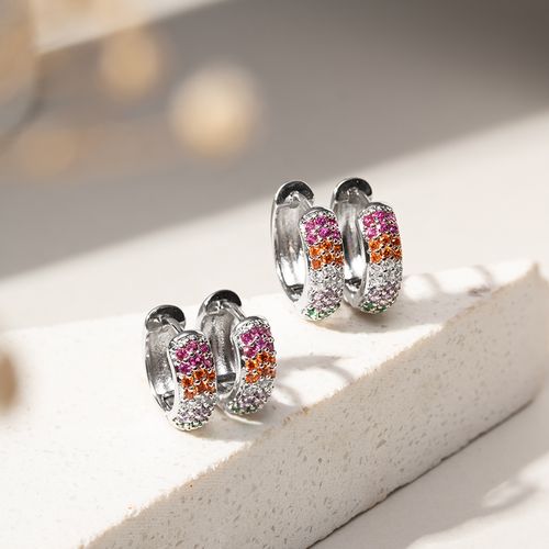 Brinco Argola Kit com 2 Pares 12mm e 14mm de Zircônias Coloridas - Banho de Ródio Branco