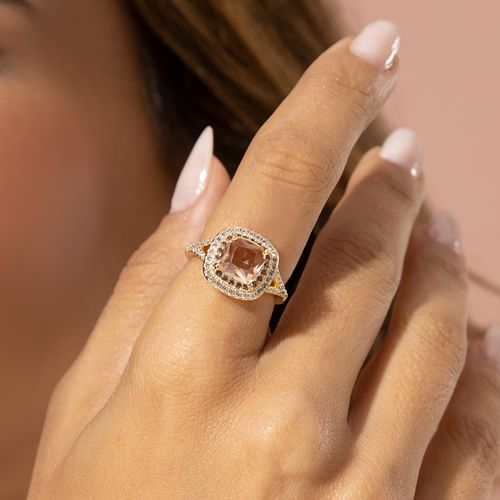 Anel Quadrado de Cristal Morganita e Zircônias Brancas - Banho de Ouro 18k