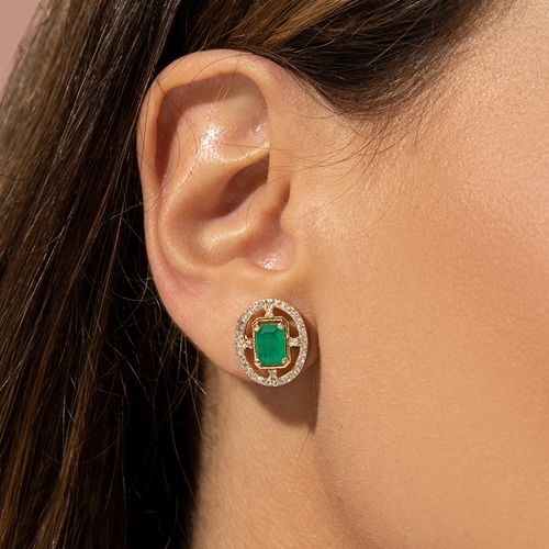 Brinco Top Oval de Cristal Esmeralda e Zircônia Branca - Banho de Ouro 18k