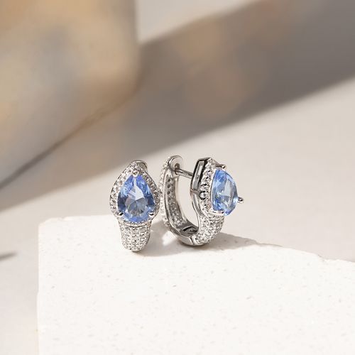 Brinco Gota Bordada Cristal London Blue com Zircônias Brancas - Prata 925