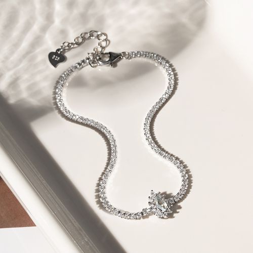 Pulseira Gotinha Cravejado de Cristal Água Marinha e Zircônias Brancas 19cm - Prata 925