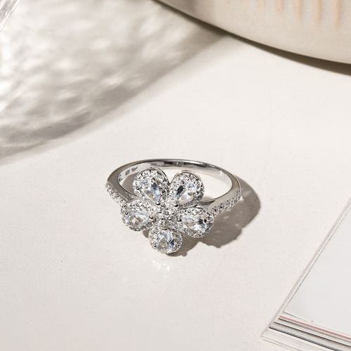 Anel Flor 5 Petálas de Gotas com Cristal London Blue e Zircônias Brancas - Prata 925