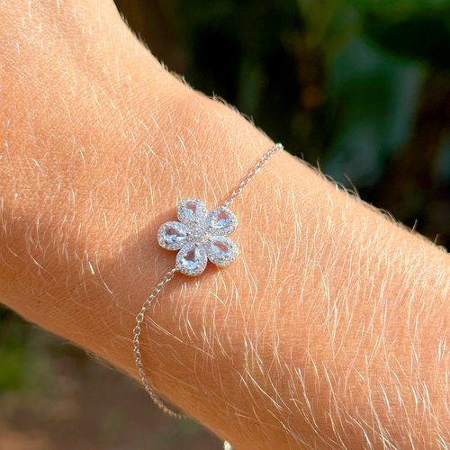 Pulseira Flor 5 Petálas de Gotas com Cristal London Blue e Zircônias Brancas 19cm - Prata 925