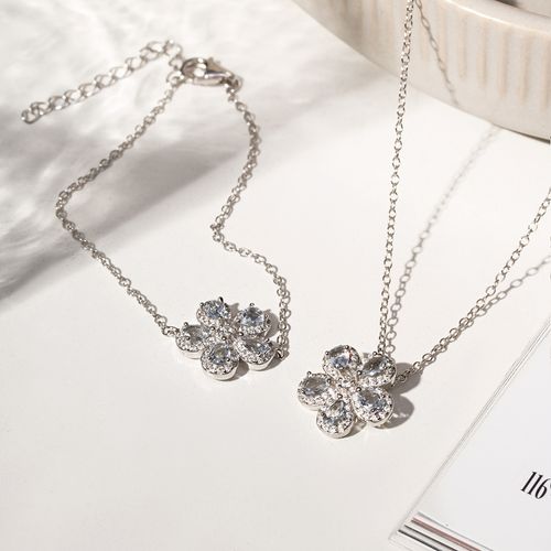 Pulseira Flor 5 Petálas de Gotas com Cristal London Blue e Zircônias Brancas 19cm - Prata 925