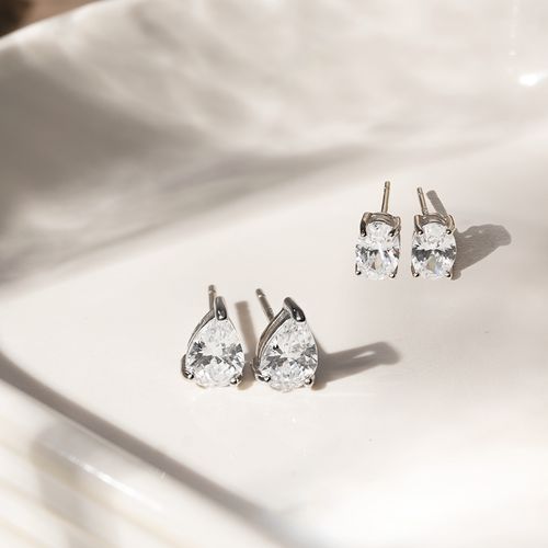 Kit com 2 Pares de Brincos Gota e Oval com Zircônias Diamond - Prata 925