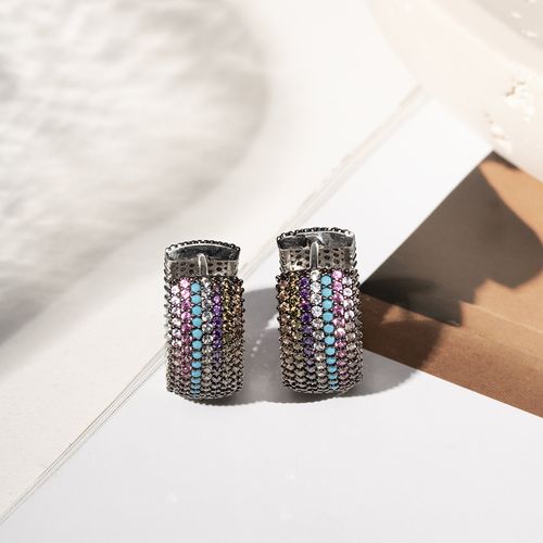 Brinco Argola 7 Linhas Inteira Cravejada com Nano Turquesa e Zircônias Coloridas - Banho de Ródio Branco