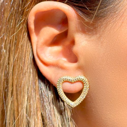 Conjunto de Brinco e Colar Coração Vazado com Zircônias Champagne 50cm - Banho de Ouro 18k