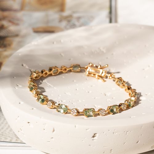 Pulseira Ovais e Redondos de Cristal Berilo e Zircônias Brancas 17cm - Banho de Ouro 18k