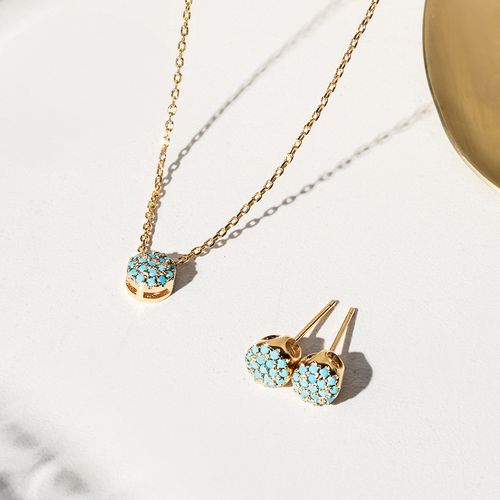 Conjunto de Colar e Brinco Redondo 7mm com Nano Turquesa 45cm - Banho de Ouro 18k