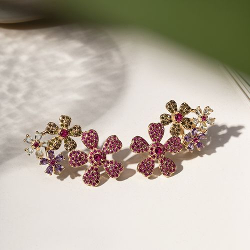 Brinco Earcuff Flores de Cristal Topázio Azul, Cristal Ametista, Cristal Turmalina Rosa e Zircônias Coloridas - Banho de Ouro 18k