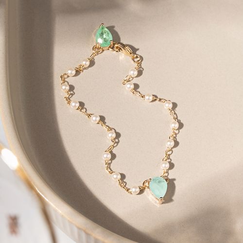 Pulseira Escapulário Gotas de Fusion Esmeralda Colombiana, Fusion Turmalina Light e Pérolas Coreanas 18cm - Banho De Ouro 18k