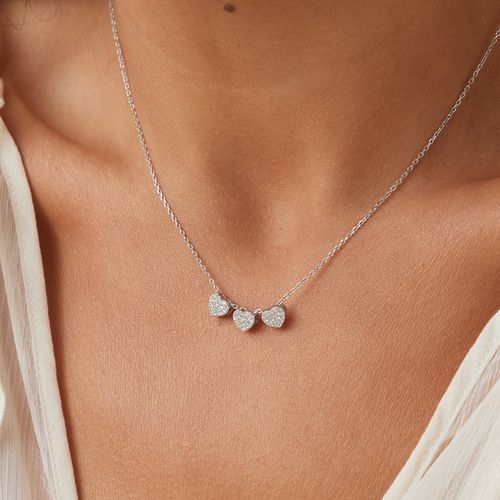 Colar Três Corações com Zircônias Brancas 43cm - Prata 925