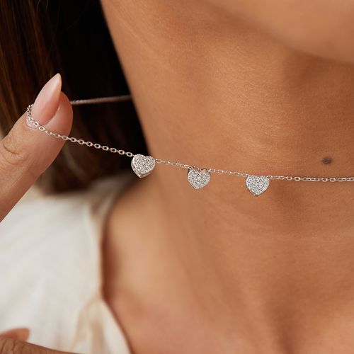 Colar Três Corações com Zircônias Brancas 43cm - Prata 925