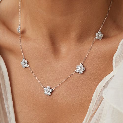 Colar Flores Cravejadas com Zircônias Brancas 45cm - Prata 925