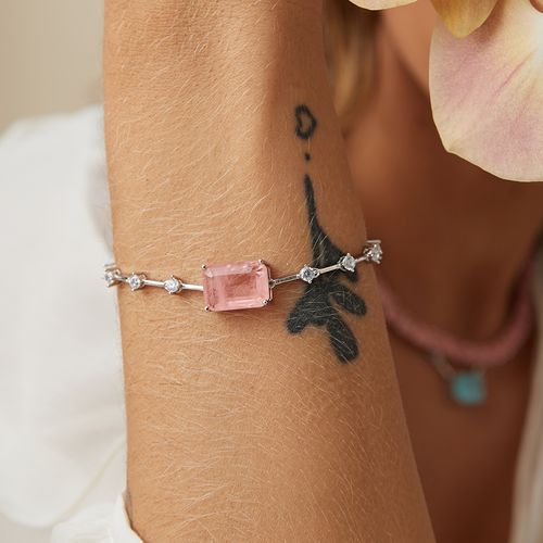 Pulseira Riviera Retângulo de Fusion Morganita com Pontos de Zircônias Brancas 17cm - Prata 925