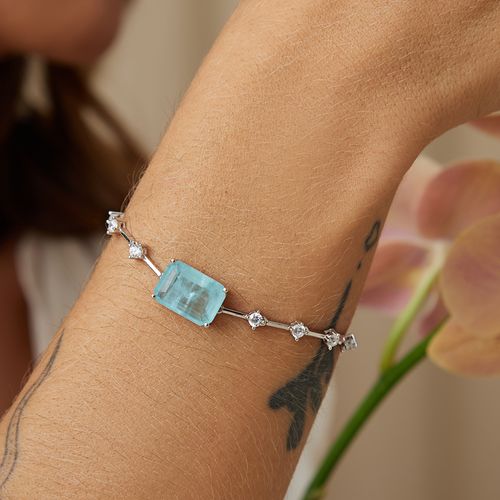 Pulseira Riviera Retângulo de Fusion Turmalina Light com Pontos de Zircônias Brancas 17cm - Prata 925