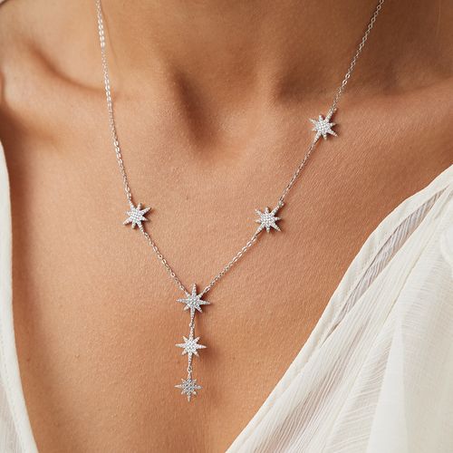 Colar Estrelas com Zircônias Brancas 50cm - Prata 925