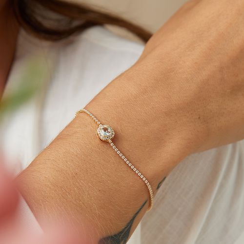Pulseira Inteira Cravejada com Quadradinho 7mm de Cristal Topázio Azul e Zircônias Brancas 18cm - Banho de Ouro 18k