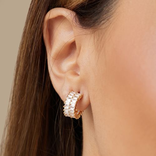 Brinco Argola de Baguetes com Zircônias Brancas - Banho de Ouro 18k