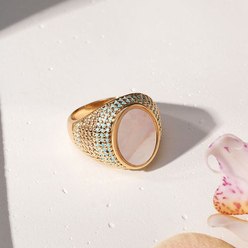 Anel Oval de Madrepérola com Nano Turquesa e Zircônias Brancas - Banho de Ouro 18k