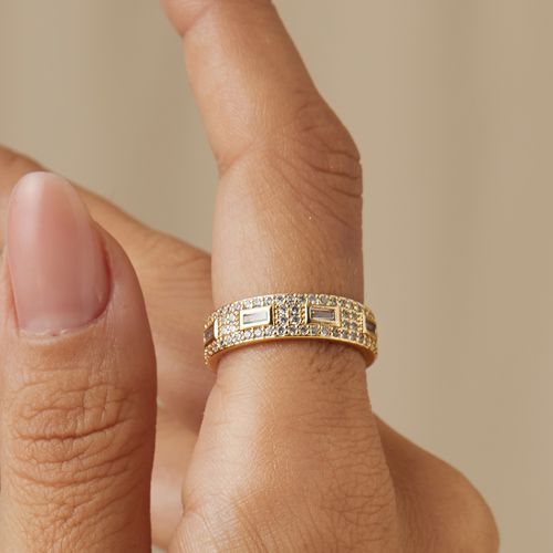 Anel Aliança Inteira Retângulos com Zircônias Brancas - Banho de Ouro 18k