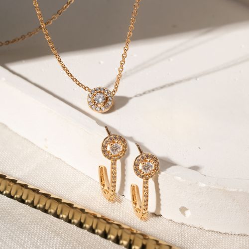 Conjunto de Brinco e Colar Ponto de Luz Redondo com Zircônias Brancas 50cm - Banho de Ouro 18k