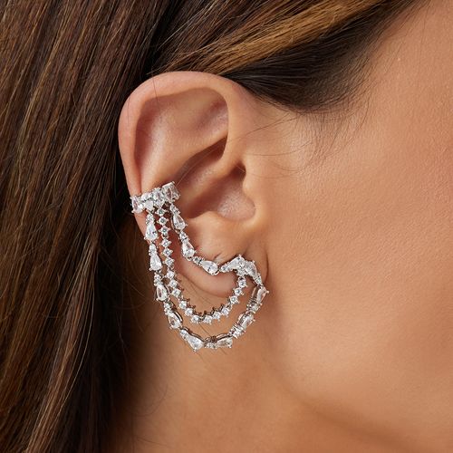 Brinco Earchain de Gotas com Zircônias Brancas - Banho de Ródio Branco