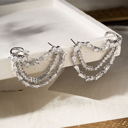 Brinco Earchain de Gotas com Zircônias Brancas - Banho de Ródio Branco