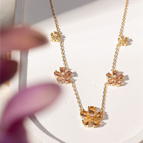 Colar Flores de Gotas com Cristal Citrino, Cristal Rodolita, Cristal Berilo e Zircônias Brancas 45cm - Banho de Ouro 18k