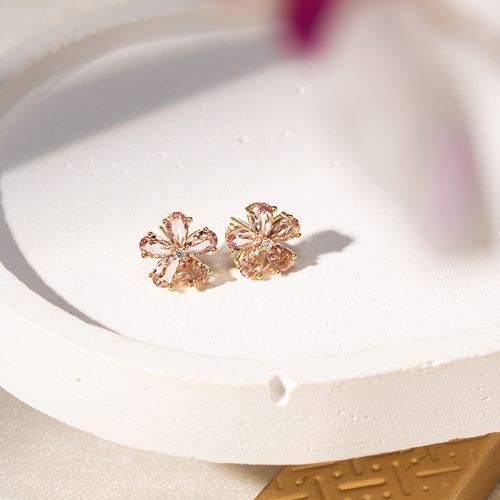 Brinco Top Flores de Gotas com Cristal Rodolita e Zircônias Brancas - Banho de Ouro 18k