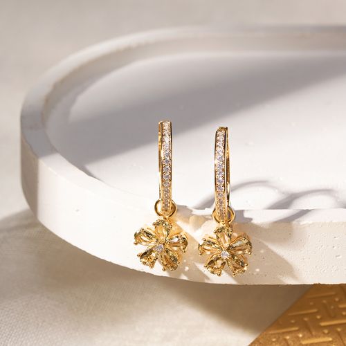 Brinco Argola com Flores de Gotas Cristal Berilo e Zircônias Brancas - Banho de Ouro 18k