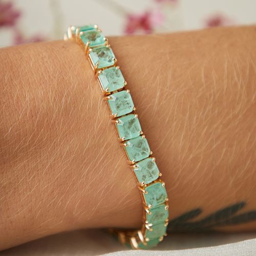 Pulseira Riviera Inteira Quadrados de Fusion Esmeralda Colombiana 17cm - Banho de Ouro 18k