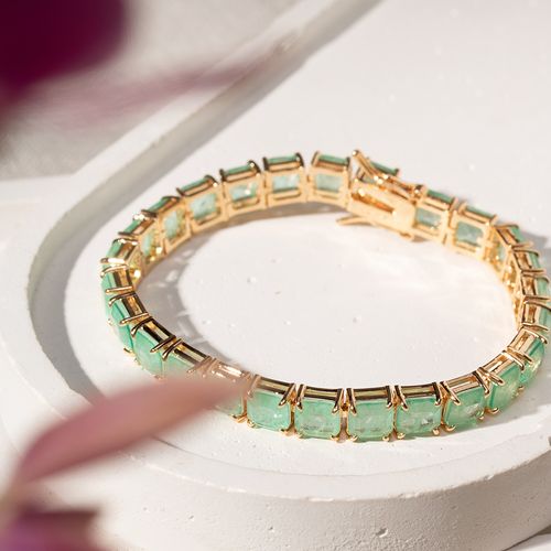 Pulseira Riviera Inteira Quadrados de Fusion Esmeralda Colombiana 17cm - Banho de Ouro 18k