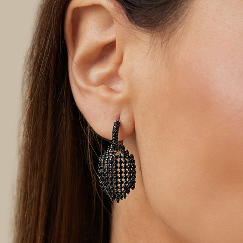 Brinco Argola Trama Pavé com Zircônias Negras - Banho de Ródio Branco