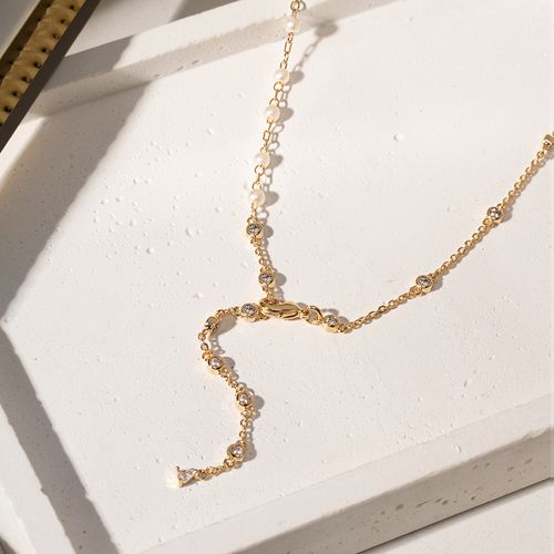 Colar Gota e Pontos com Pérolas Coreanas e Zircônias Brancas 60cm - Banho de Ouro 18k