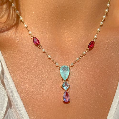 Colar Formas com Fusion Turmalina Light, Cristal Turmalina Rosa e Pérolas Coreanas 50cm - Banho de Ouro 18k