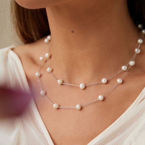 Colar Longo nteiro de Pérolas de Água Doce 85cm - Prata 925