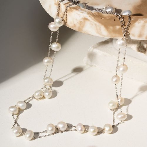 Colar Longo nteiro de Pérolas de Água Doce 85cm - Prata 925