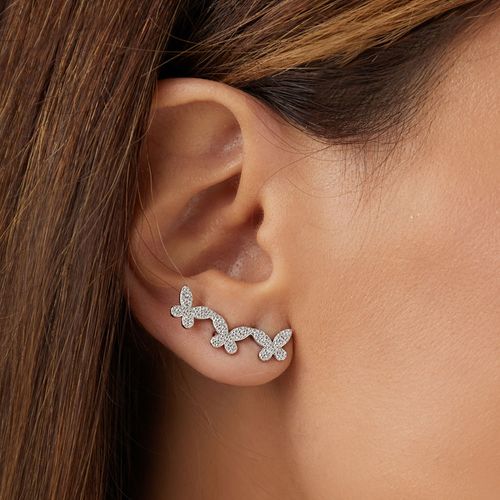 Brinco Earcuff Borboletas com Zircônias Brancas - Prata 925