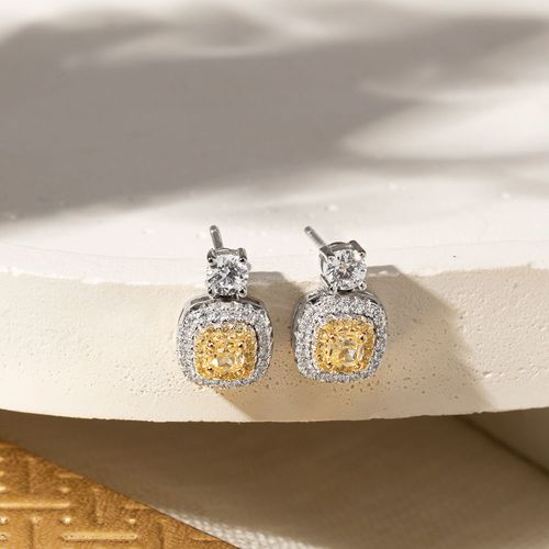 Brinco Quadradinho com Zircônias Fancy Yellow e Zircônias Cúbicas - Prata 925