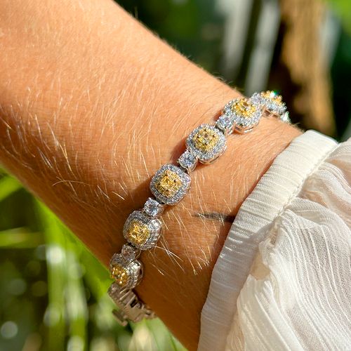 Pulseira Riviera Inteira Quadrados com Zircônias Fancy Yellow e Zircônias Cúbicas Brancas 17cm - Prata 925