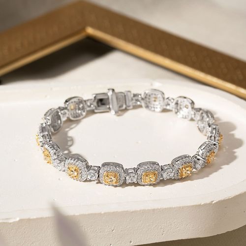Pulseira Riviera Inteira Quadrados com Zircônias Fancy Yellow e Zircônias Cúbicas Brancas 17cm - Prata 925