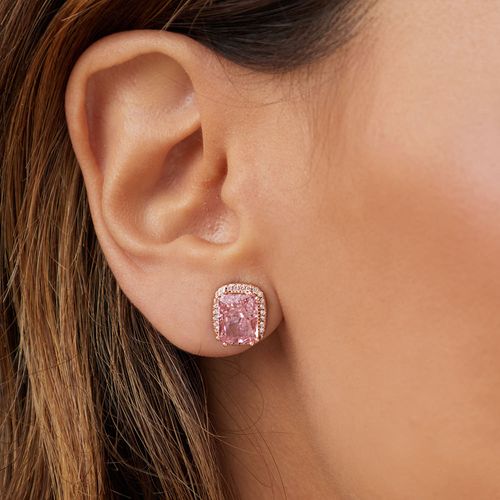 Brinco Retângulo Zircônia Ice Cut Light Pink, Zircônias Rosas e Zircônias Brancas  - Prata 925