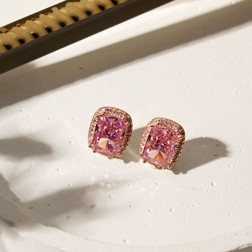 Brinco Retângulo Zircônia Ice Cut Light Pink, Zircônias Rosas e Zircônias Brancas  - Prata 925