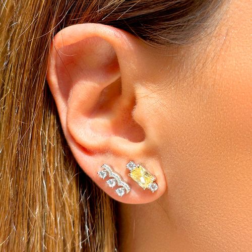 Kit com 2 Pares de Brincos Retângulo e Coroa com Zircônia Fancy Yellow e Zircônias Brancas - Prata 925