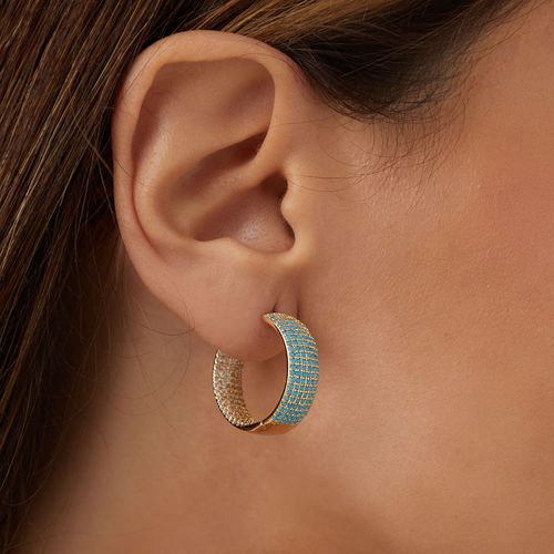 Brinco Argola 23mm com Nano Turquesa e Zircônias Brancas - Banho de Ouro 18k